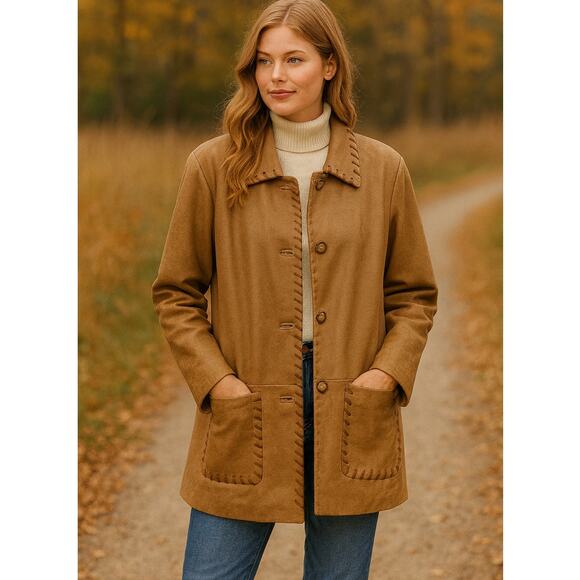 Damselle VTG SZ XL Genuine Leather Whip Stitched Button Front Buttery Soft Coat - Picture 1 of 5